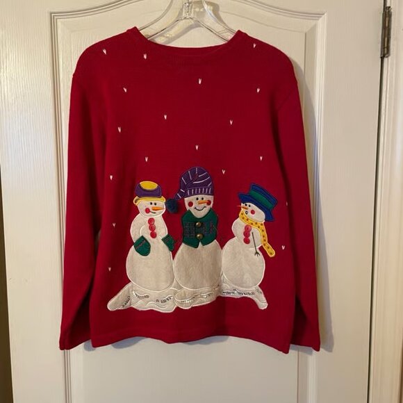 Sweaters - In Resource Snowman Christmas Pullover Sweater Red Applique Size M Holiday 90s